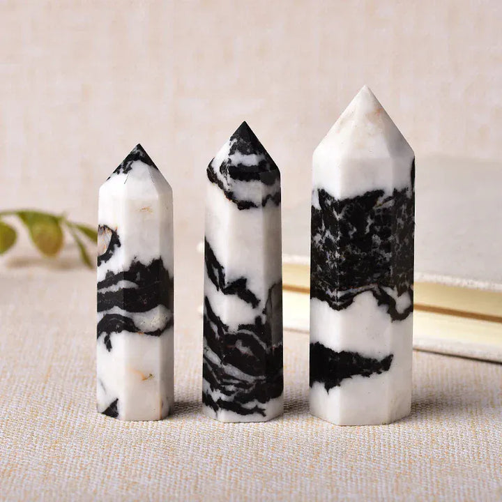1pc Natural Stone Crystal Point Healing Obelisk Black and White Zebra Quartz Wand Beautiful Ornament for Home Decor Pyramid Crystal And Quartz