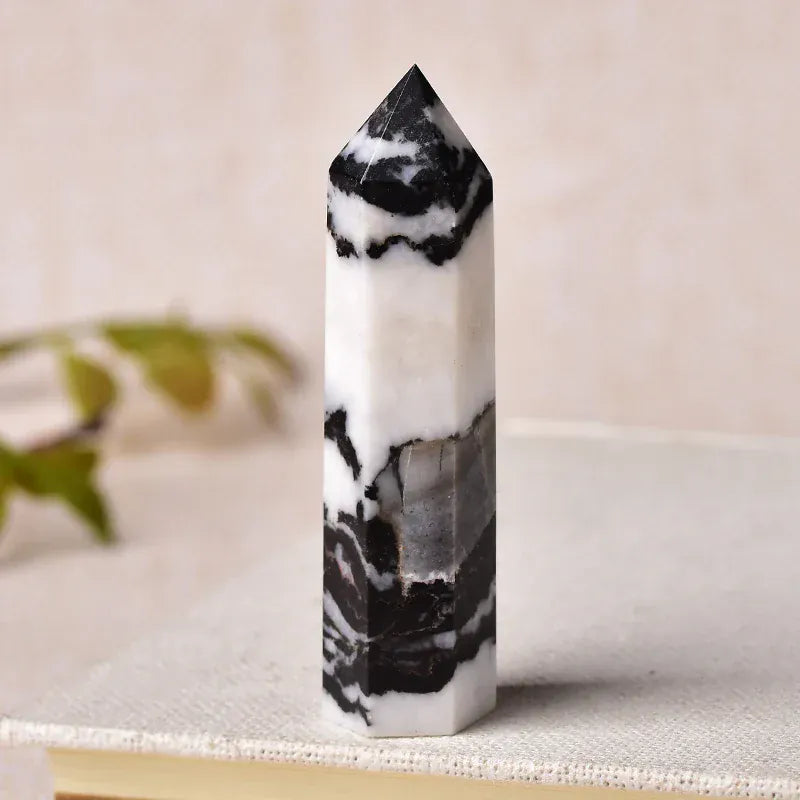 1pc Natural Stone Crystal Point Healing Obelisk Black and White Zebra Quartz Wand Beautiful Ornament for Home Decor Pyramid Crystal And Quartz