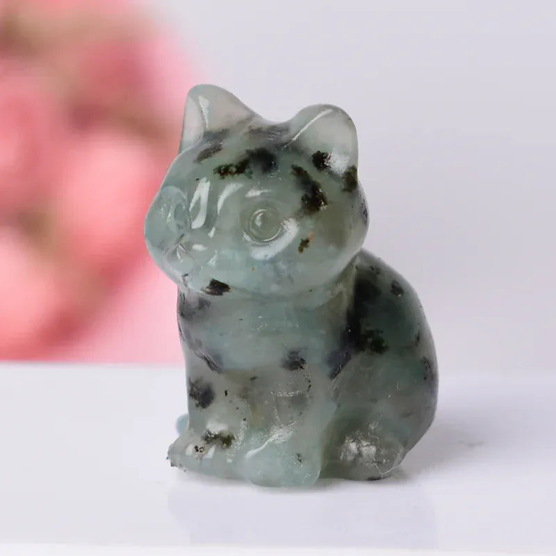 1PC Natural Stone MIni Cat Figurine Animals Stone Reiki Polished Crafts Small Decoration Home Decor Souvenir Kiwi Jasper / 3cm Crystal + Quartz