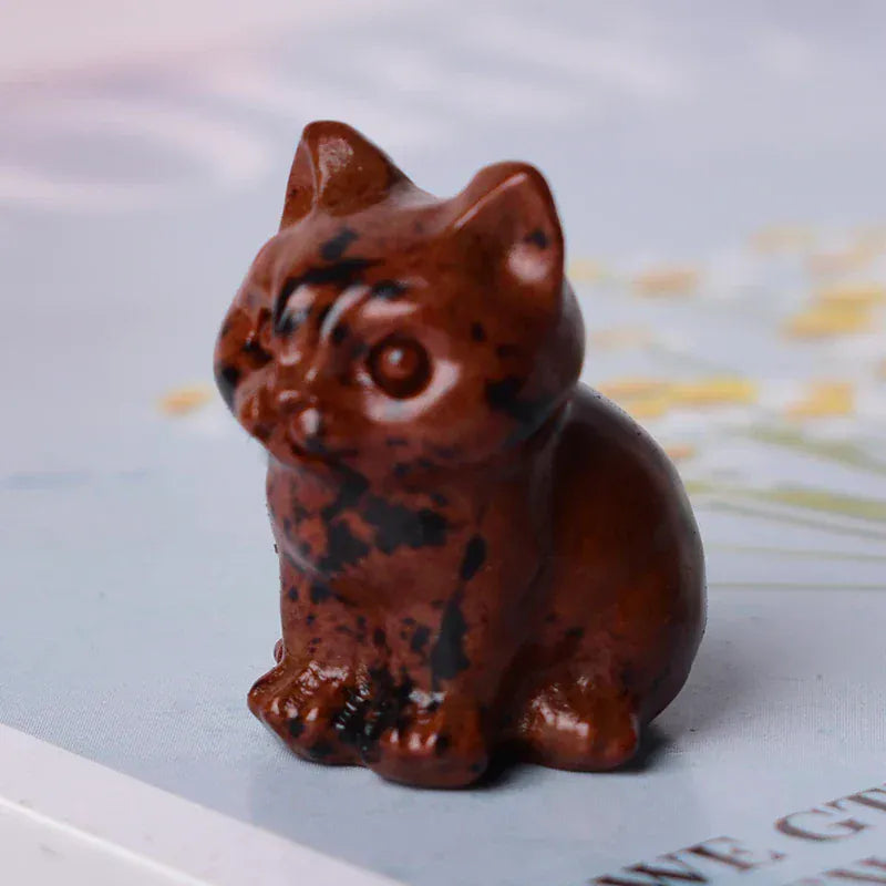 1PC Natural Stone MIni Cat Figurine Animals Stone Reiki Polished Crafts Small Decoration Home Decor Souvenir Red Obsidian / 3cm Crystal + Quartz