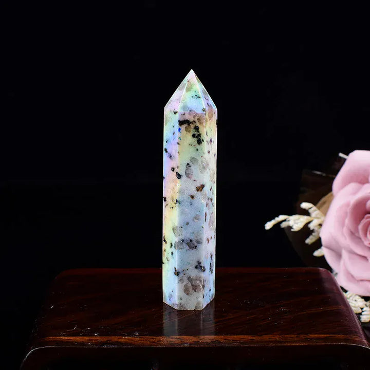 1Pc Natural Tianshan Blue Crystal Point Electroplating Obelisk Healing Energy Reiki Aura Kiwi Jasper Tower For Home Decoration Aura Tianshan Blue / 60-70mm Crystal And Quartz