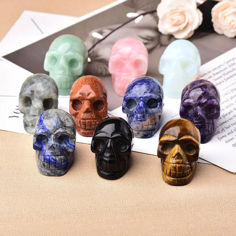 2inch Natural Gemstone Skull Amethyst Tigers Eye Crystal Rose Quartz Wicca Feng Shui Healing Stone Ornaments Figurine Home Deco Gold Sandstone / 2inch Crystal + Quartz