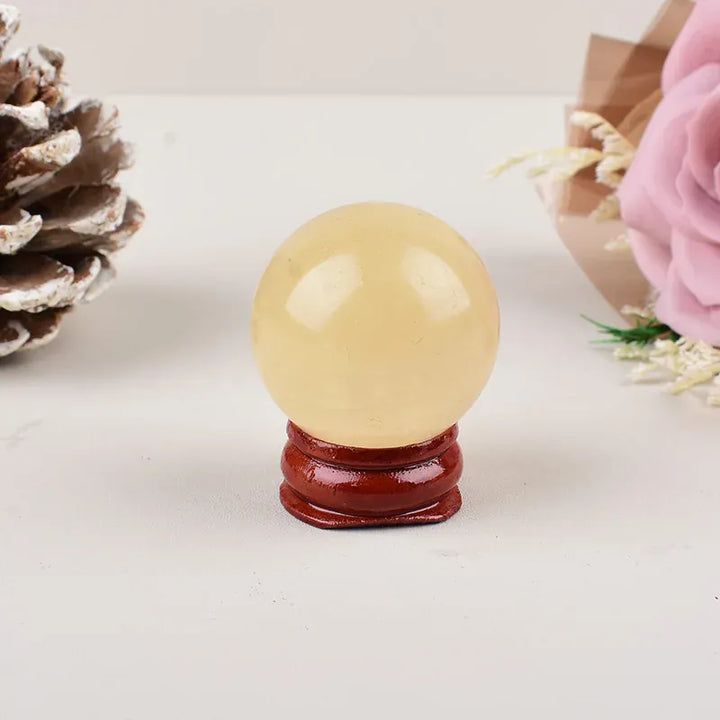 1Pc Natural Yellow Calcite Polished Crystal Ball Healing Stone Meditation Gemstone Sphere For Home Decoration Free Wooden Stand