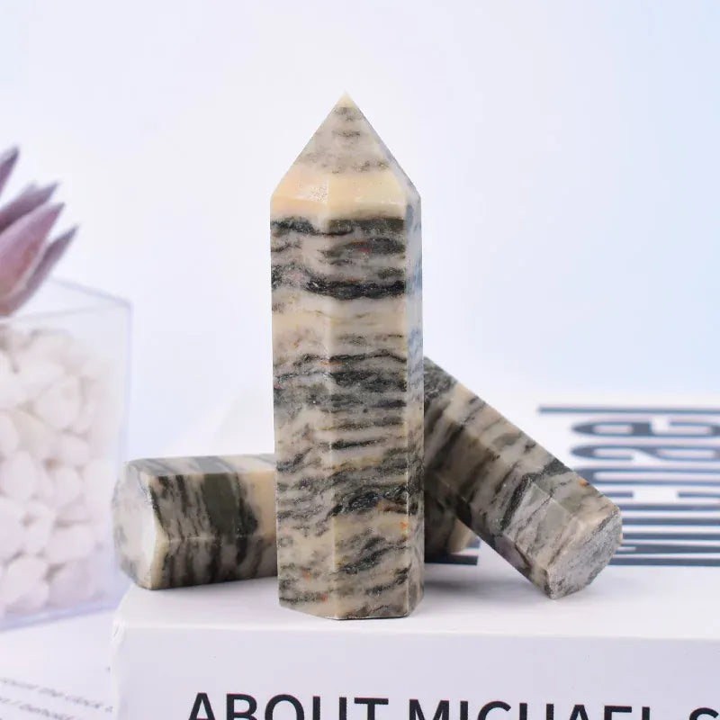 1Pc Natural Grey Stripes Stone Polished Crystal Point Healing Stone Haxagonal Obelisk Simple Ornaments For Home Decoration