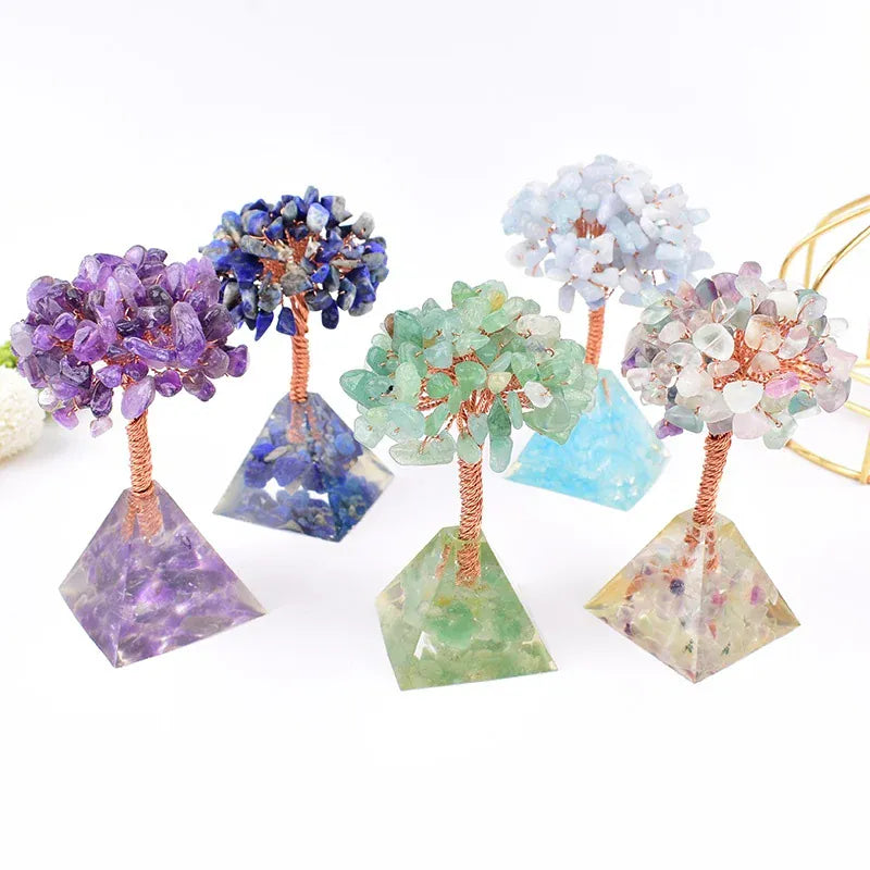 Natural Crystal Stone Resin Craftwork Pyramid Tree Specimen Agate Reiki Healing Home Decoration Ornaments Lucky Tree DIY Gift
