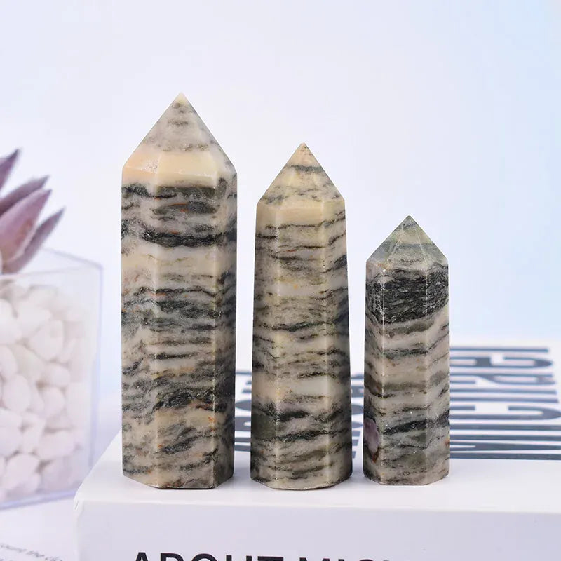 1Pc Natural Grey Stripes Stone Polished Crystal Point Healing Stone Haxagonal Obelisk Simple Ornaments For Home Decoration
