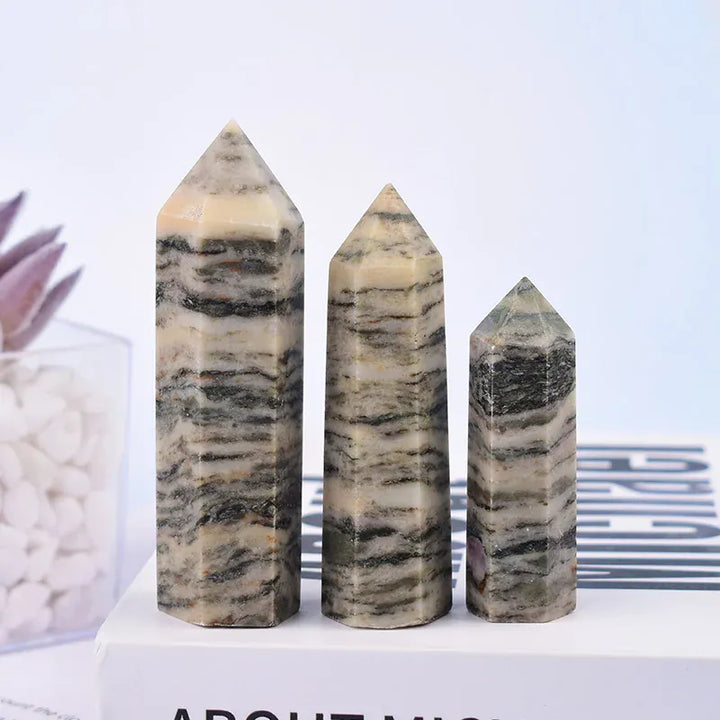1Pc Natural Grey Stripes Stone Polished Crystal Point Healing Stone Haxagonal Obelisk Simple Ornaments For Home Decoration