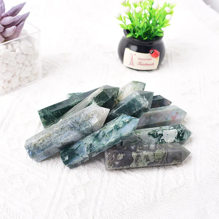 Moss Agate Crystal Point Tower