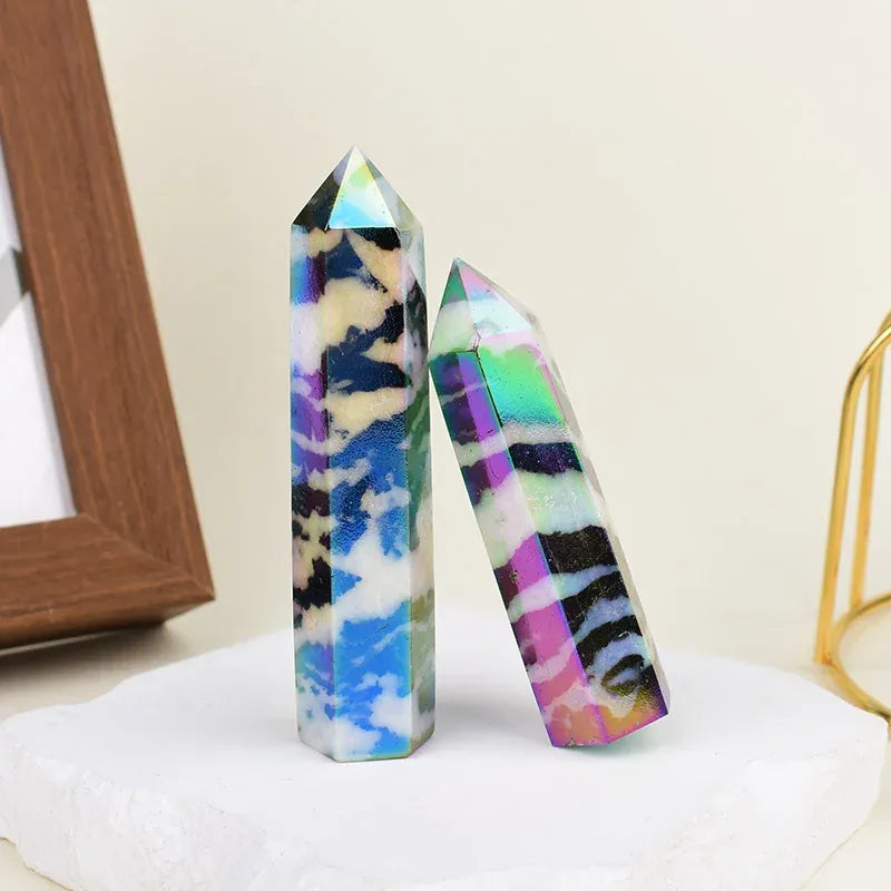 1Pc Natural Aura Zebra Stone Crystal Obelisk Point Mineral Specimen Crafts Beautiful Ornament Home Decor Pyramid Souvenir Gift
