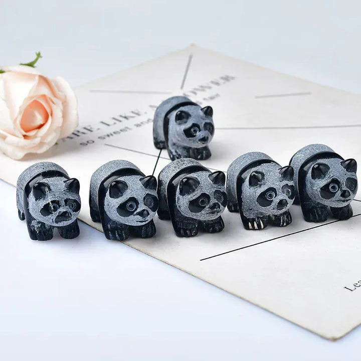 Natural Crystal Obsidian China Bear Panda Figurine Animals Stone Reiki Crafts Small Decoration Home Decor Present Souvenir