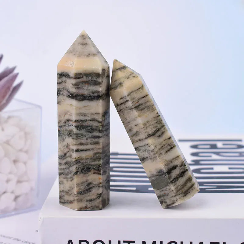 1Pc Natural Grey Stripes Stone Polished Crystal Point Healing Stone Haxagonal Obelisk Simple Ornaments For Home Decoration
