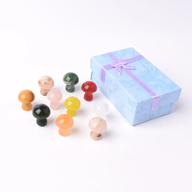 10PCS/Set Natural Crystal Gemstone Polished Mushroom Healing Stone Ornaments For Home Decoration Gifts Box for Children