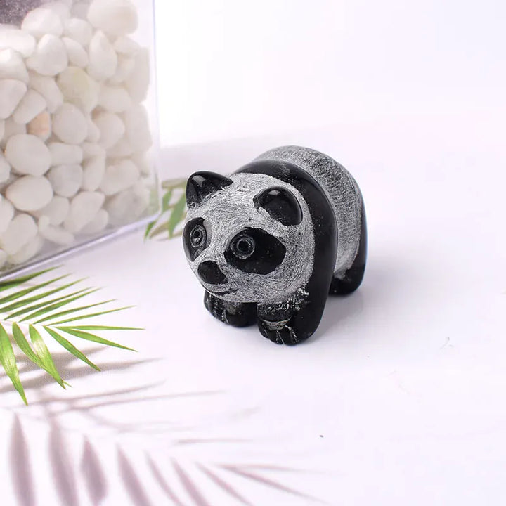 1Pc Natural Crystal Carved Obsidian China Bear Panda Figurine Animals Ornaments Crafts Small Decoration Home Decor Souvenir