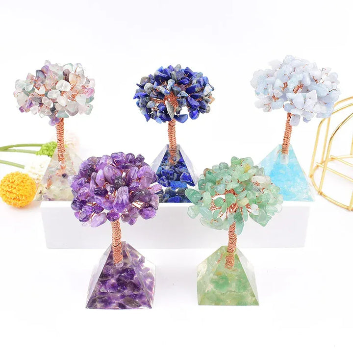 Natural Crystal Stone Resin Craftwork Pyramid Tree Specimen Agate Reiki Healing Home Decoration Ornaments Lucky Tree DIY Gift
