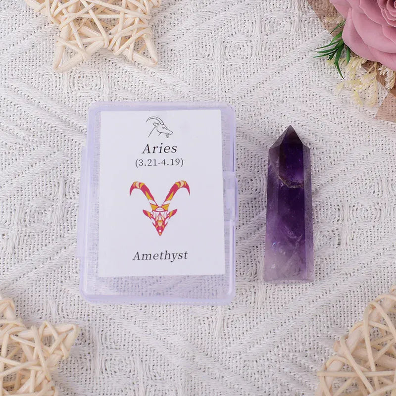 12 Constellations Natural Amethyst Rose Quartz Citrine Ecliptic Style Crystal Wand Leo Aries TaurusGem Tower For Home Decoration