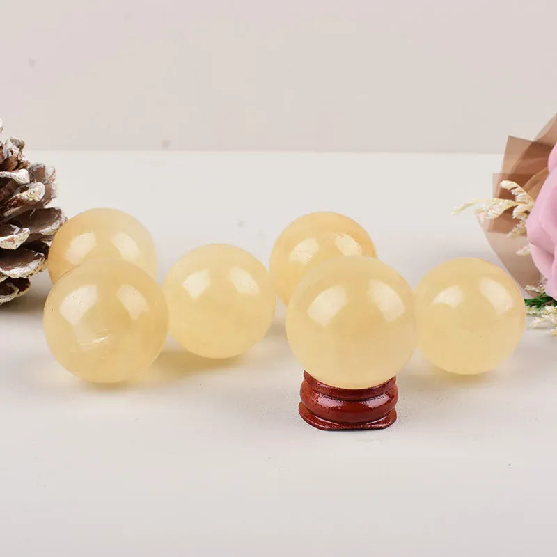 1Pc Natural Yellow Calcite Polished Crystal Ball Healing Stone Meditation Gemstone Sphere For Home Decoration Free Wooden Stand