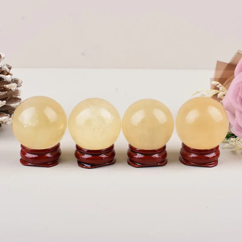 1Pc Natural Yellow Calcite Polished Crystal Ball Healing Stone Meditation Gemstone Sphere For Home Decoration Free Wooden Stand