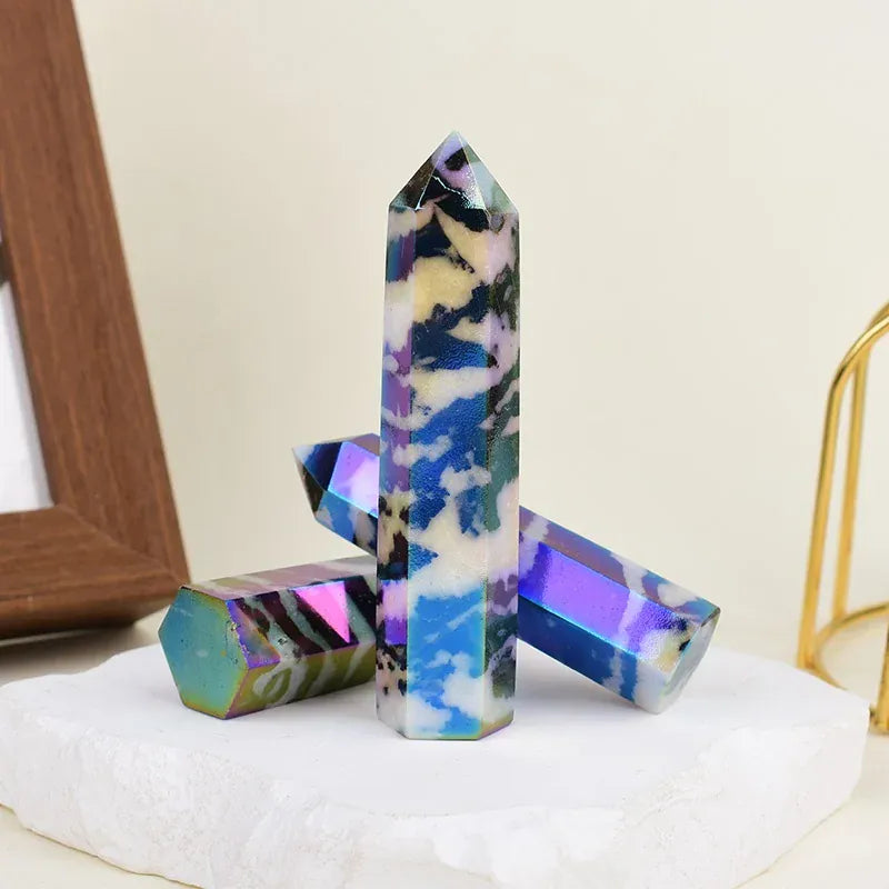 1Pc Natural Aura Zebra Stone Crystal Obelisk Point Mineral Specimen Crafts Beautiful Ornament Home Decor Pyramid Souvenir Gift