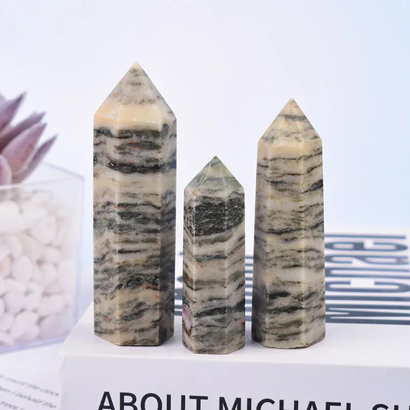 1Pc Natural Grey Stripes Stone Polished Crystal Point Healing Stone Haxagonal Obelisk Simple Ornaments For Home Decoration