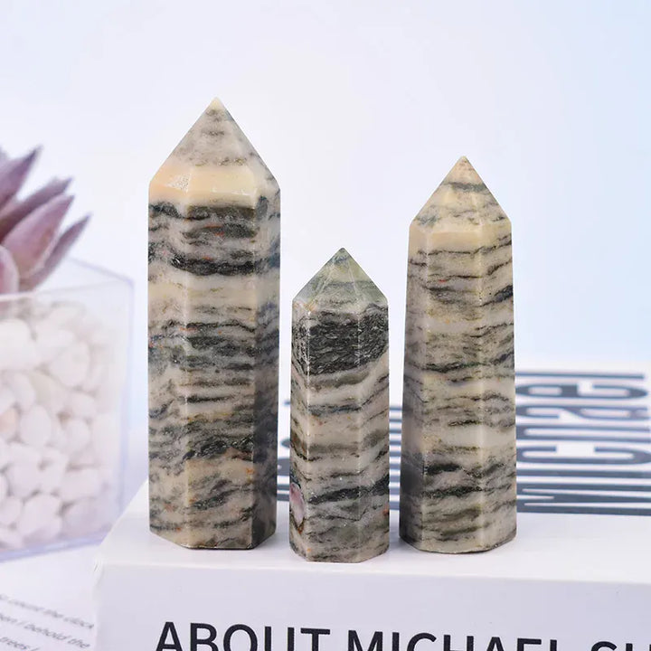 1Pc Natural Grey Stripes Stone Polished Crystal Point Healing Stone Haxagonal Obelisk Simple Ornaments For Home Decoration