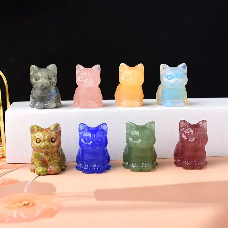 1PC Natural Crystal Carved Sit Cat Healing Stone Crystal Figurines Reiki Gemstone Crafts Home Decoration Children DIY Gift