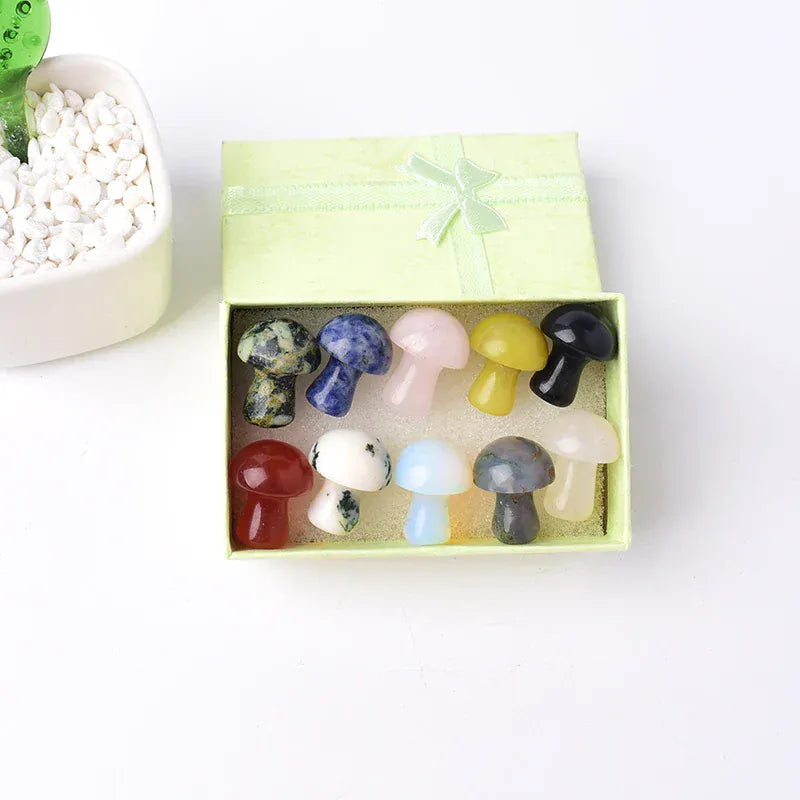 10PCS/Set Natural Crystal Gemstone Polished Mushroom Healing Stone Ornaments For Home Decoration Gifts Box for Children