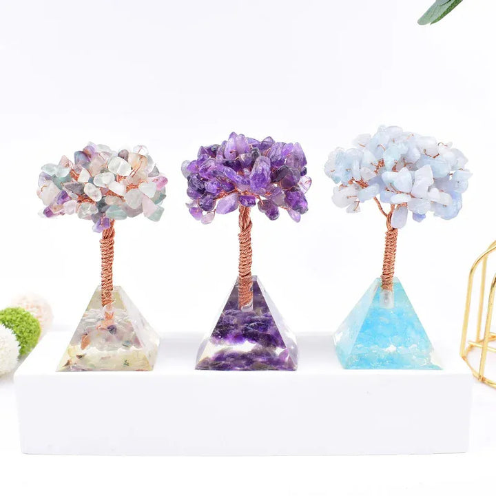 Natural Crystal Stone Resin Craftwork Pyramid Tree Specimen Agate Reiki Healing Home Decoration Ornaments Lucky Tree DIY Gift