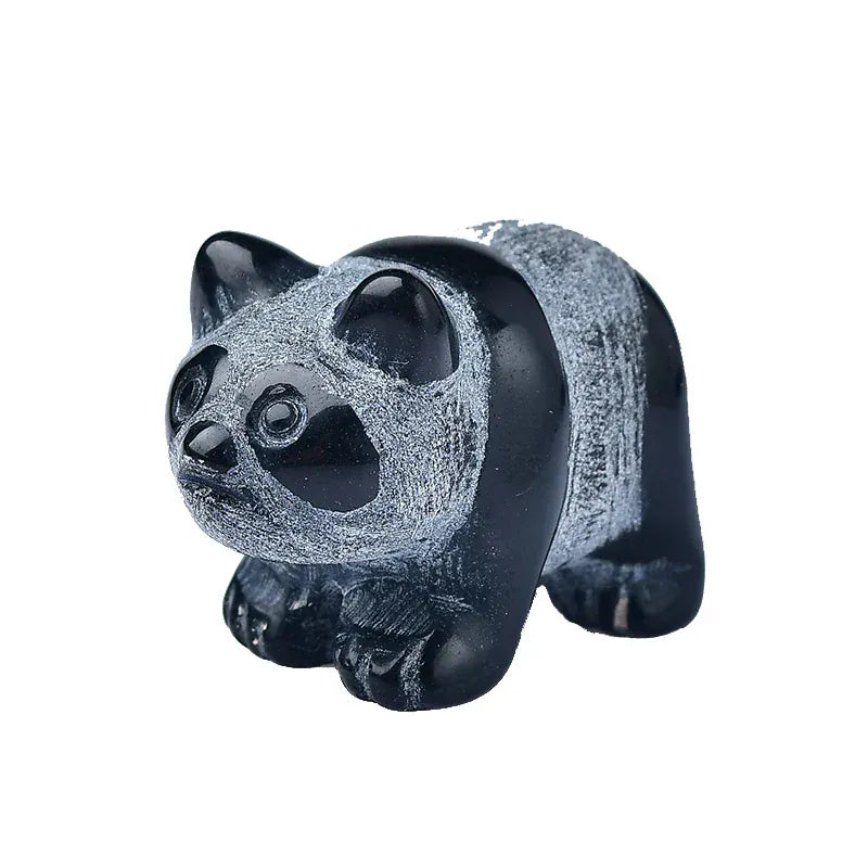 Natural Crystal Obsidian China Bear Panda Figurine Animals Stone Reiki Crafts Small Decoration Home Decor Present Souvenir