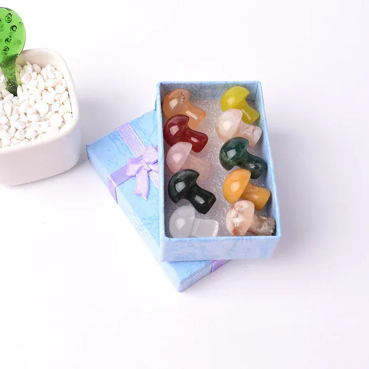 10PCS/Set Natural Crystal Gemstone Polished Mushroom Healing Stone Ornaments For Home Decoration Gifts Box for Children
