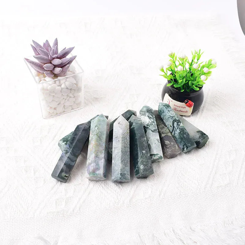Moss Agate Crystal Point Tower