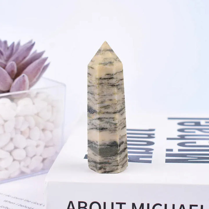 1Pc Natural Grey Stripes Stone Polished Crystal Point Healing Stone Haxagonal Obelisk Simple Ornaments For Home Decoration