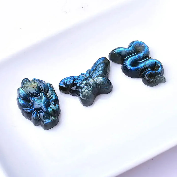 1PC Natural Crystal Labradorite Handb Carved Snake Butterfky Nine-Tailed Fox Healing Stone Animals Figurine For Home Decoration