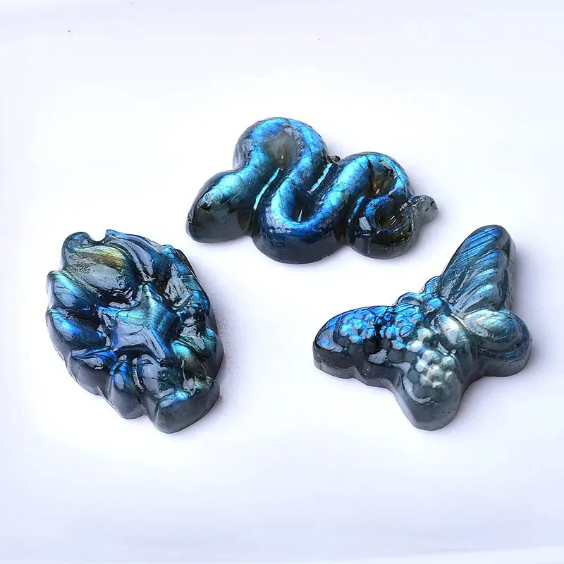 1PC Natural Crystal Labradorite Handb Carved Snake Butterfky Nine-Tailed Fox Healing Stone Animals Figurine For Home Decoration