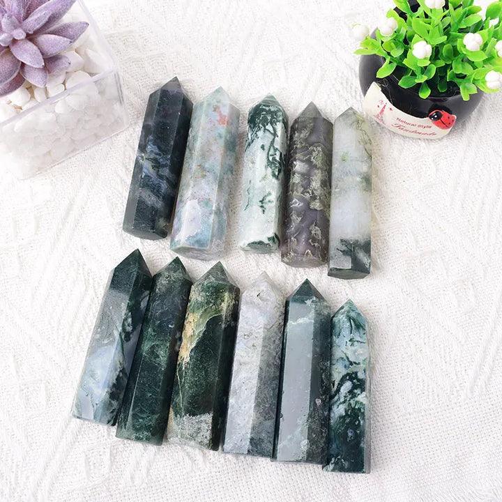Moss Agate Crystal Point Tower
