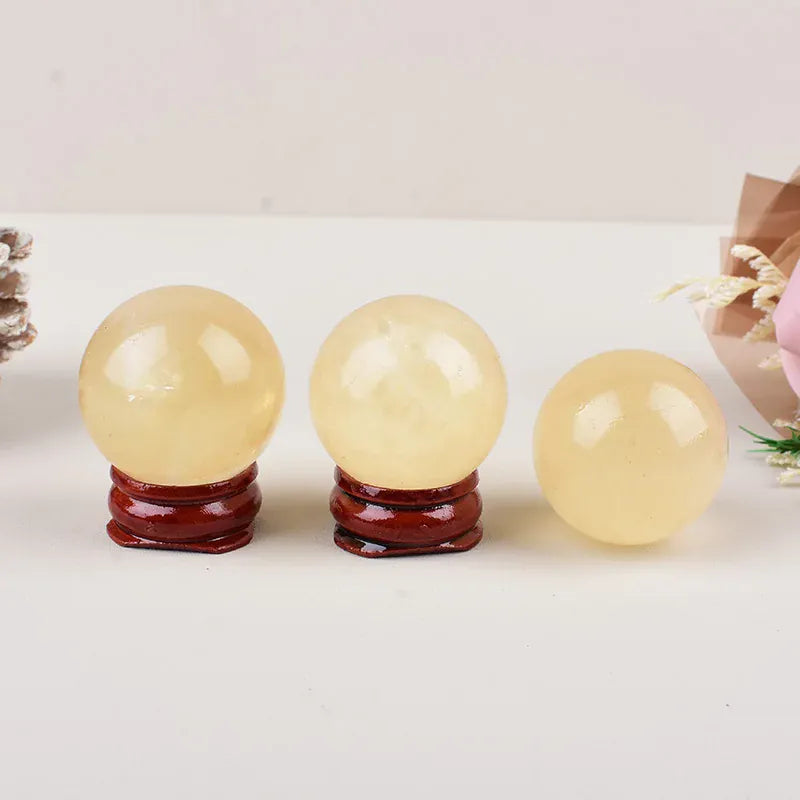 1Pc Natural Yellow Calcite Polished Crystal Ball Healing Stone Meditation Gemstone Sphere For Home Decoration Free Wooden Stand