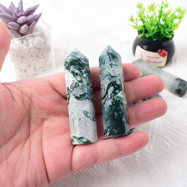 Moss Agate Crystal Point Tower