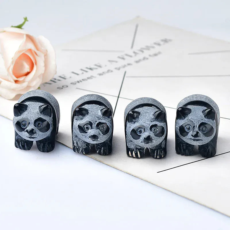 Natural Crystal Obsidian China Bear Panda Figurine Animals Stone Reiki Crafts Small Decoration Home Decor Present Souvenir