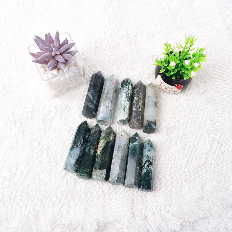 Moss Agate Crystal Point Tower