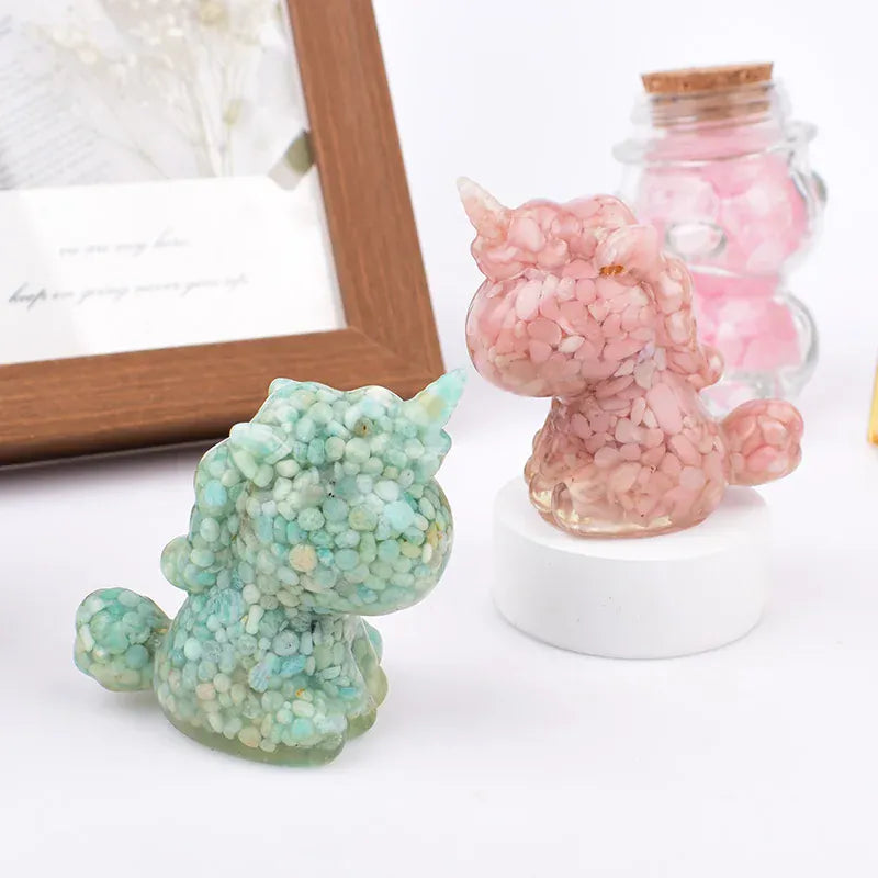 Handmade Natural Crystal Gravel Resin Unicorn Figurine Souvenir Home Decoration Reiki Healing Ornaments Mineral Specimen Gift