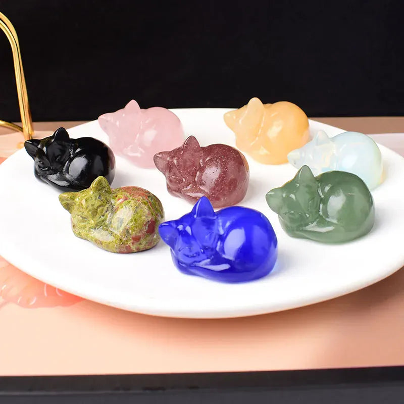 1PC Natural Crystal Carved Sleep Cat Healing Stone Figurines Reiki Gemstone Crafts Home Decoration Children DIY Gift