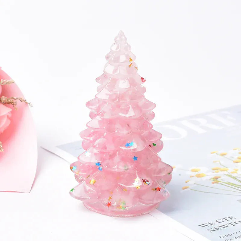 Christmas Trees Resin Natural Stone Amethyst Rose Quartz Luck Tree Handmade Ornaments Silicone Home Decoration Holiday Gift Rose Quartz Crystal + Quartz