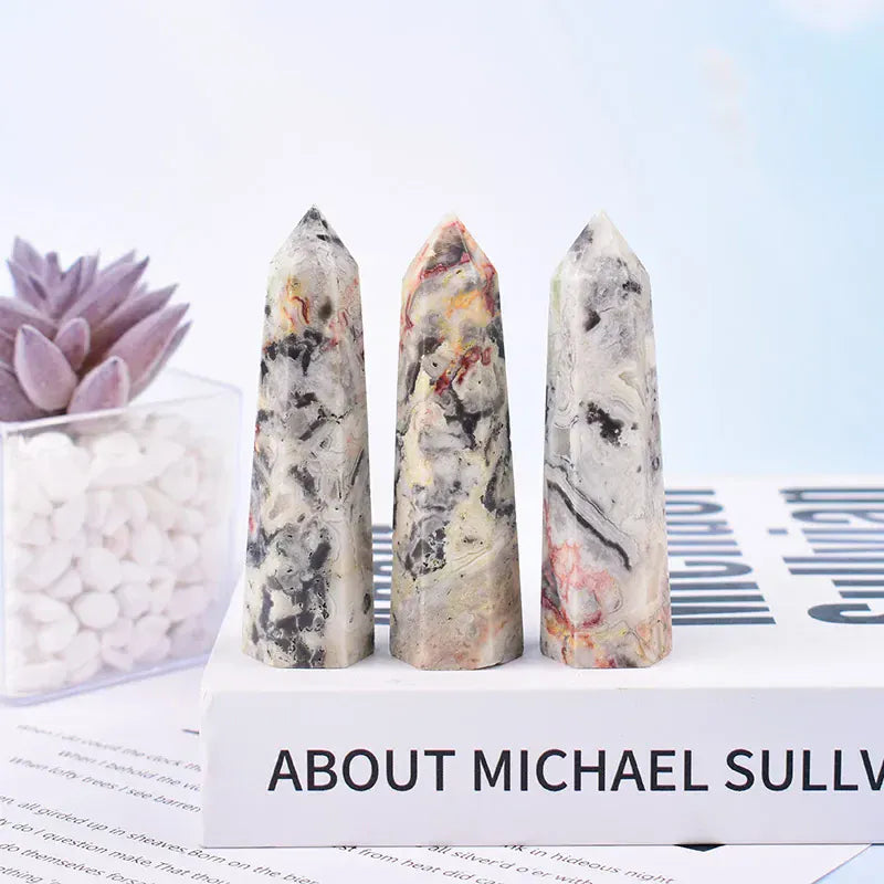 Gray Crazy Agate Crystal Point Tower Gray Crazy Agate / 70-80mm Crystal + Quartz