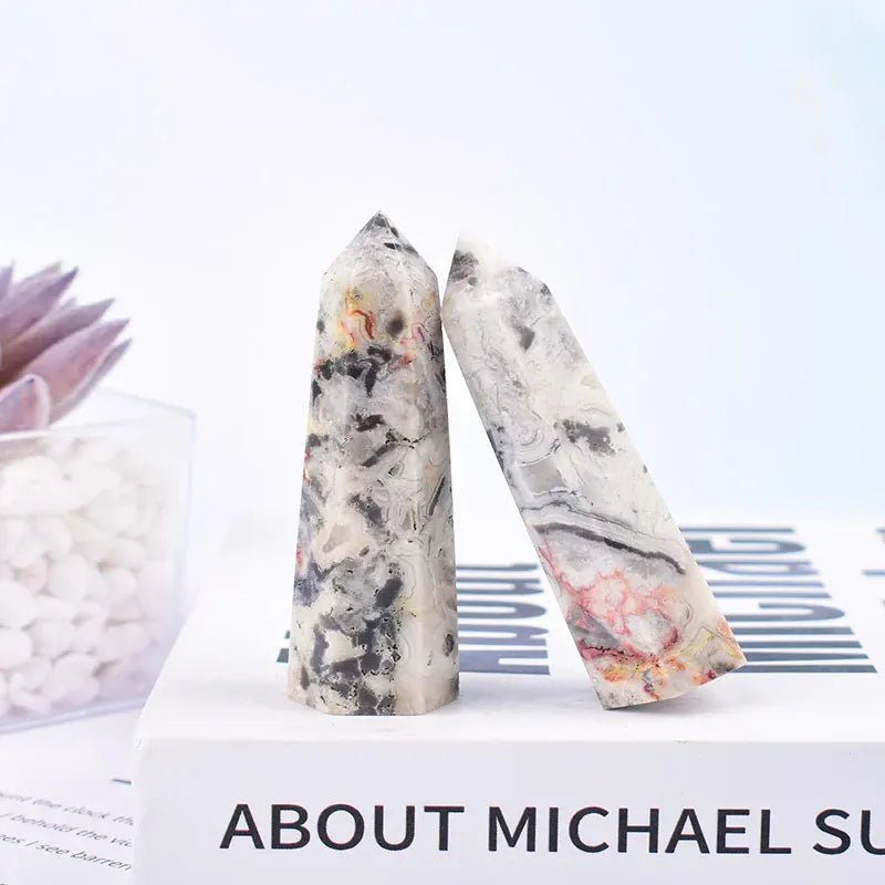 Gray Crazy Agate Crystal Point Tower Gray Crazy Agate / 70-80mm Crystal + Quartz