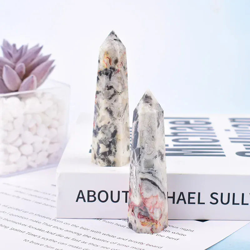 Gray Crazy Agate Crystal Point Tower Gray Crazy Agate / 70-80mm Crystal + Quartz