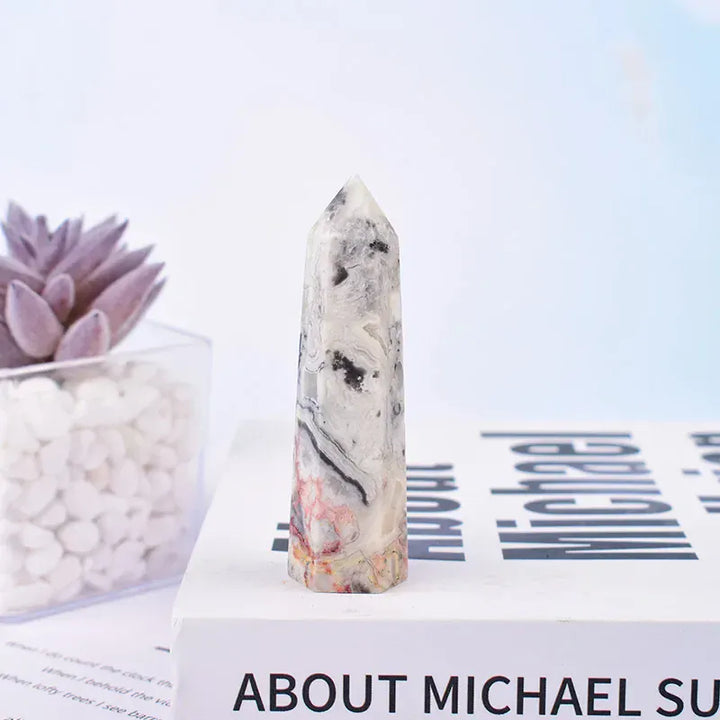Gray Crazy Agate Crystal Point Tower Gray Crazy Agate / 70-80mm Crystal + Quartz