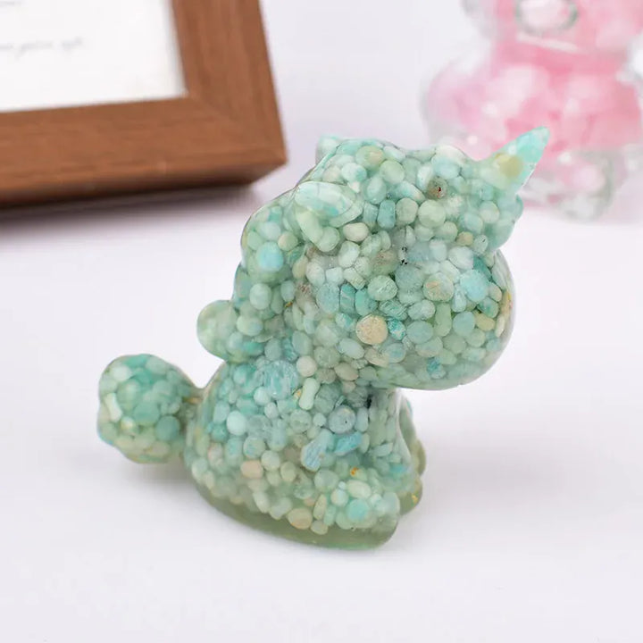 Handmade Natural Crystal Gravel Resin Unicorn Figurine Souvenir Home Decoration Reiki Healing Ornaments Mineral Specimen Gift Pink Opal Crystal + Quartz