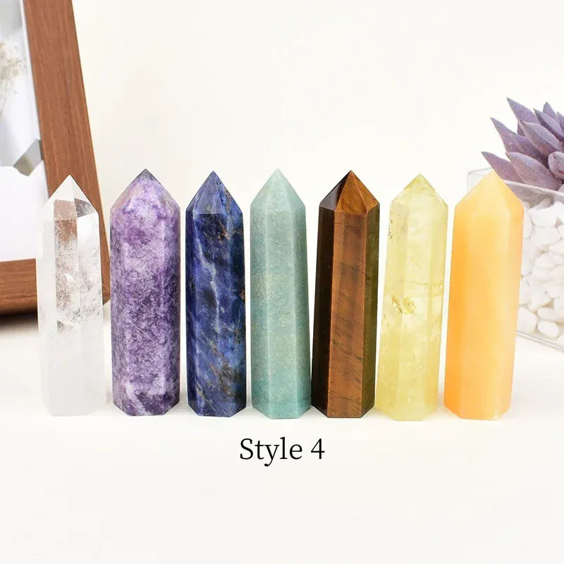 Natural Crystal Set Obelisk Point Mineral Specimen Reiki Pillar Crafts Healing Stone Hexagonal Home Decor DIY Gift Souvenir Style 1 / A Set Crystal + Quartz