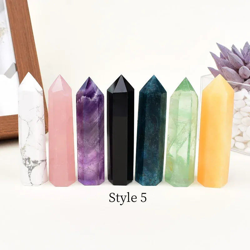 Natural Crystal Set Obelisk Point Mineral Specimen Reiki Pillar Crafts Healing Stone Hexagonal Home Decor DIY Gift Souvenir Style 1 / A Set Crystal + Quartz