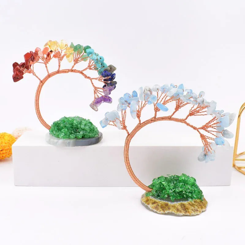 Natural Crystal Stone Hand Made Colour Crystal Tree Specimen Agate DIY Gift Home Decoration Ornaments Lucky Reiki Healing Tree Aquamarine / 1Pc Crystal + Quartz