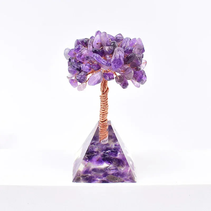 Natural Crystal Stone Resin Craftwork Pyramid Tree Specimen Agate Reiki Healing Home Decoration Ornaments Lucky Tree DIY Gift Colored Fluorite Crystal + Quartz